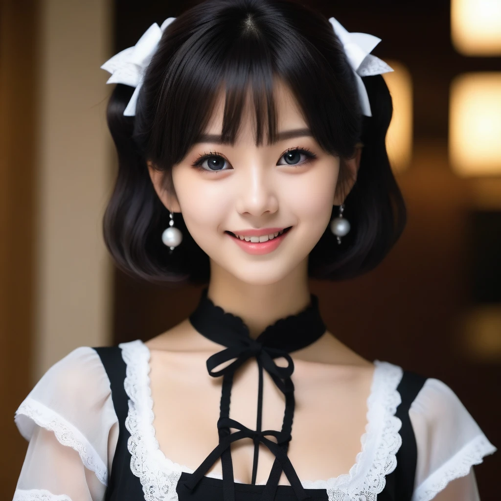 8K, Ultra-high resolution, Highest quality, masterpiece, 三分割法によるphotograph,Surreal, photograph, 1 girl, (16 years old:1.3), pretty girl, Cute face, Beautiful eyes in every detail, 細かくdetailedに,masterpiece,, One Girl:1.2, Japan Female Announcer,whole body,Young Wife,((Bondage and Gothic Lolita)),Pencil Skirt、Black Stockings,Black high heels、Full of cleanliness,A carefree smile,Healing the heart,short hair,Looking at the audience、beauty,Long neck、Laugh a little、Please close your mouth and laugh、(((Ideal body type))),A-cup small breasts :2,、Portraiture:2、Perfect Anatomy、鮮明なdetailed、detailed、Surreal、Light and shadow,Strong light