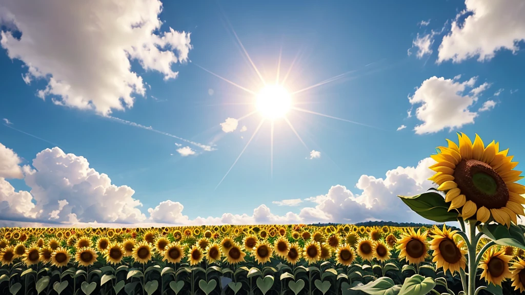 Under a clear blue sky、Spreading sunflower fields。White clouds dotted the blue sky、Sunflowers are full of vibrant yellow and green leaves。Sunflowers spread to the horizon、The contrast between the blue sky and the yellow sunflowers creates a lively and bright atmosphere.。The sun shines brightly、Casting a soft shadow on the flowers。The viewpoint is at eye level、It gives the viewer the feeling of standing in the middle of a sunflower field.。This image captures the essence of a sunny summer day in a rural setting.。
