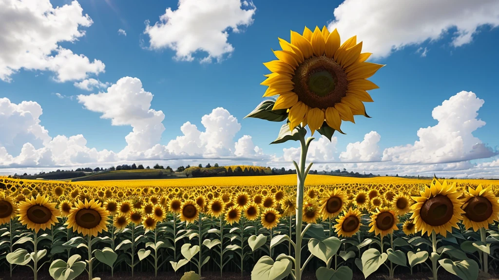 Under a clear blue sky、Spreading sunflower fields。White clouds dotted the blue sky、Sunflowers are full of vibrant yellow and green leaves。Sunflowers spread to the horizon、The contrast between the blue sky and the yellow sunflowers creates a lively and bright atmosphere.。The sun shines brightly、Casting a soft shadow on the flowers。The viewpoint is at eye level、It gives the viewer the feeling of standing in the middle of a sunflower field.。This image captures the essence of a sunny summer day in a rural setting.。

