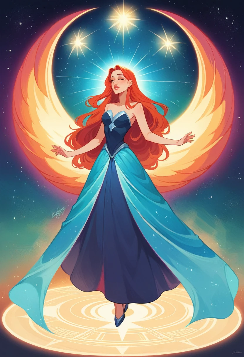 4K Ultra HD, masterpiece, A girl with a magical aura, Nice face, Long Hair, Redhead, Shiny Hair, Fine grain, Glossy Lips, Wearing a dress of red color, Aura around the body, Magical Effects, Blue and red light spreads, Cosmic elements and ethereal atmosphere, Bright light and colorful nebula combination, Space Background, Full Body Capture.