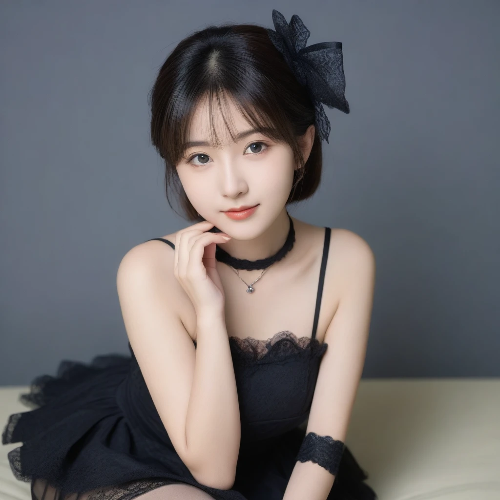 8K, Ultra-high resolution, Highest quality, masterpiece, 三分割法によるphotograph,Surreal, photograph, 1 girl, (:1.3), pretty girl, Cute face, Beautiful eyes in every detail, 細かくdetailedに,masterpiece,, One Girl:1.2, Japan Female Announcer,whole body,Young Wife,((Bondage and Gothic Lolita)),PenSkirt、Black Stockings,Black high heels、Full of cleanliness,A carefree smile,Healing the heart,short hair,Looking at the audience、beauty,Long neck、Laugh a little、Please close your mouth and laugh、(((Ideal body type))),A-cup small breasts :2,、Portraiture:2、Perfect Anatomy、鮮明なdetailed、detailed、Surreal、Light and shadow,Strong light