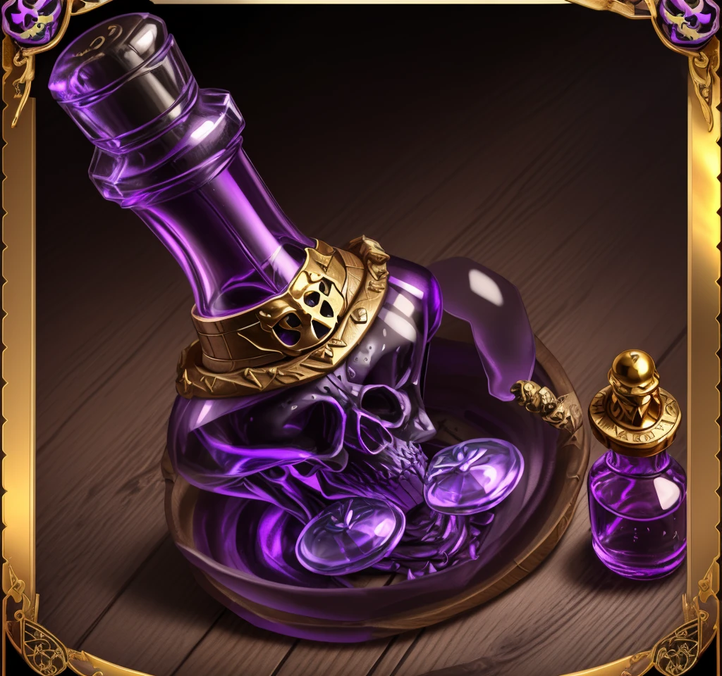 A poison bottle with purple liquid,4K,The outside of the bottle is inlaid with a gorgeous gold frame,Wooden stopper,The bottle has a worn skull label on it.,HD quality,High-quality posters,Game Icon,4K,