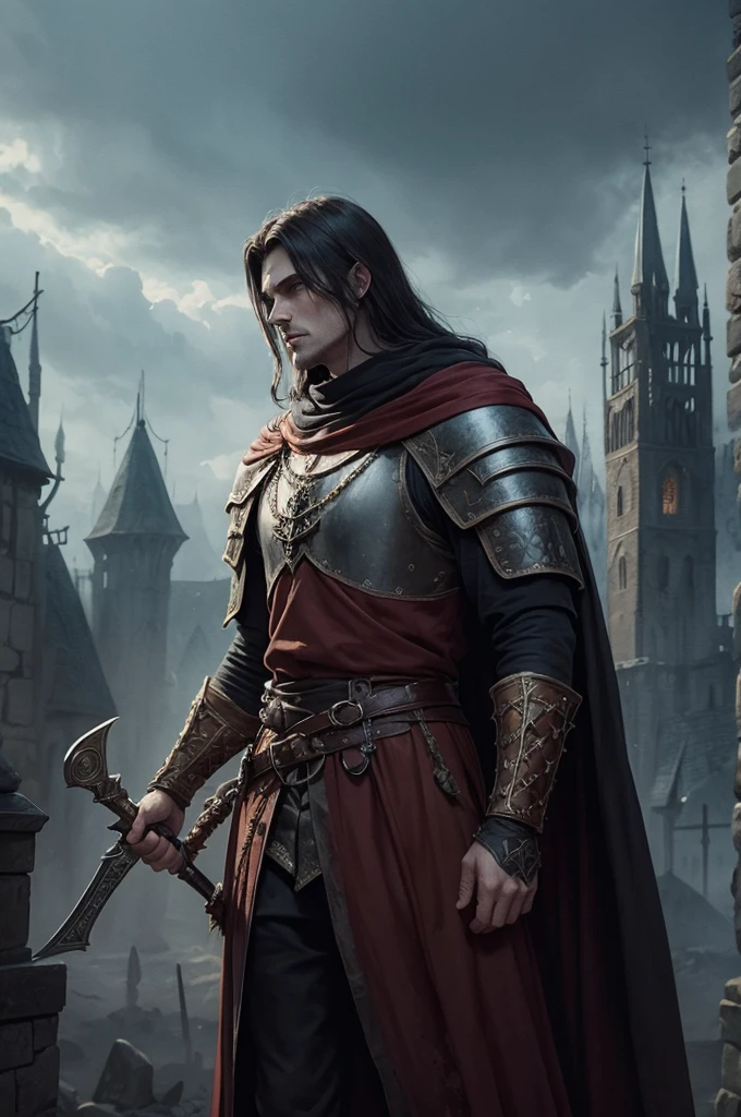 Create a dark fantasy medieval setting with watercolor art style