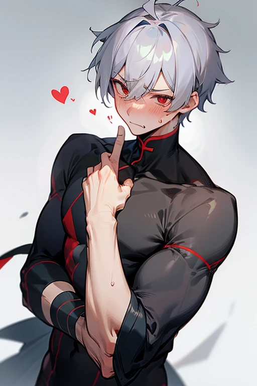 male、Gray Hair、Gray Hair、short hair、Red Eye、冷血なmale、good looking、Well-built、clumsy、clumsyながらも愛を伝える、whisper、Embarrassing、Sweat、Burn、blush、confusion