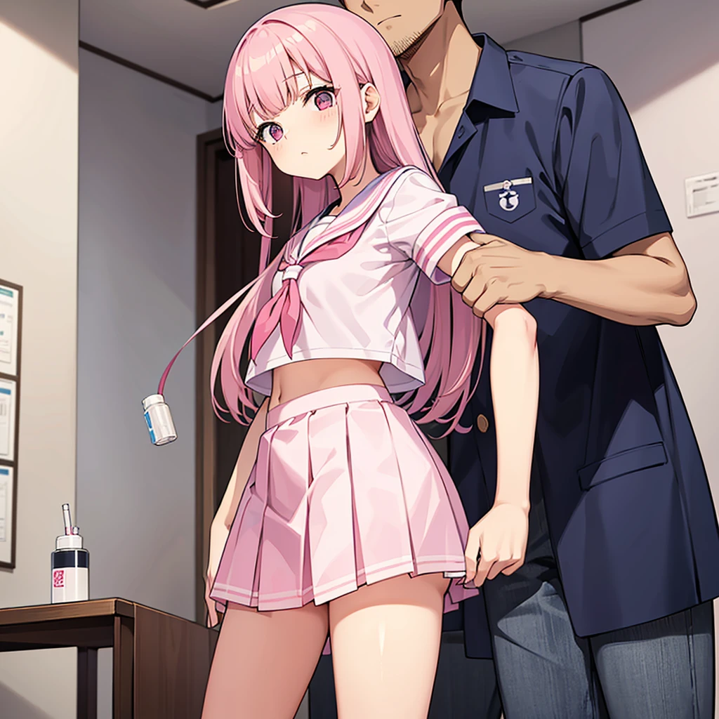 A pink-haired high school girl in a sailor uniform receives a vaccination、The man grabbed his arm、Take the syringe and stick it into your upper arm.。.