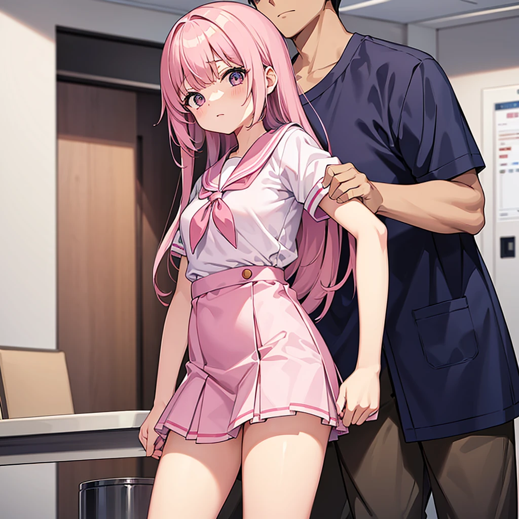 A pink-haired high school girl in a sailor uniform receives a vaccination、The man grabbed his arm、Take the syringe and stick it into your upper arm.。.