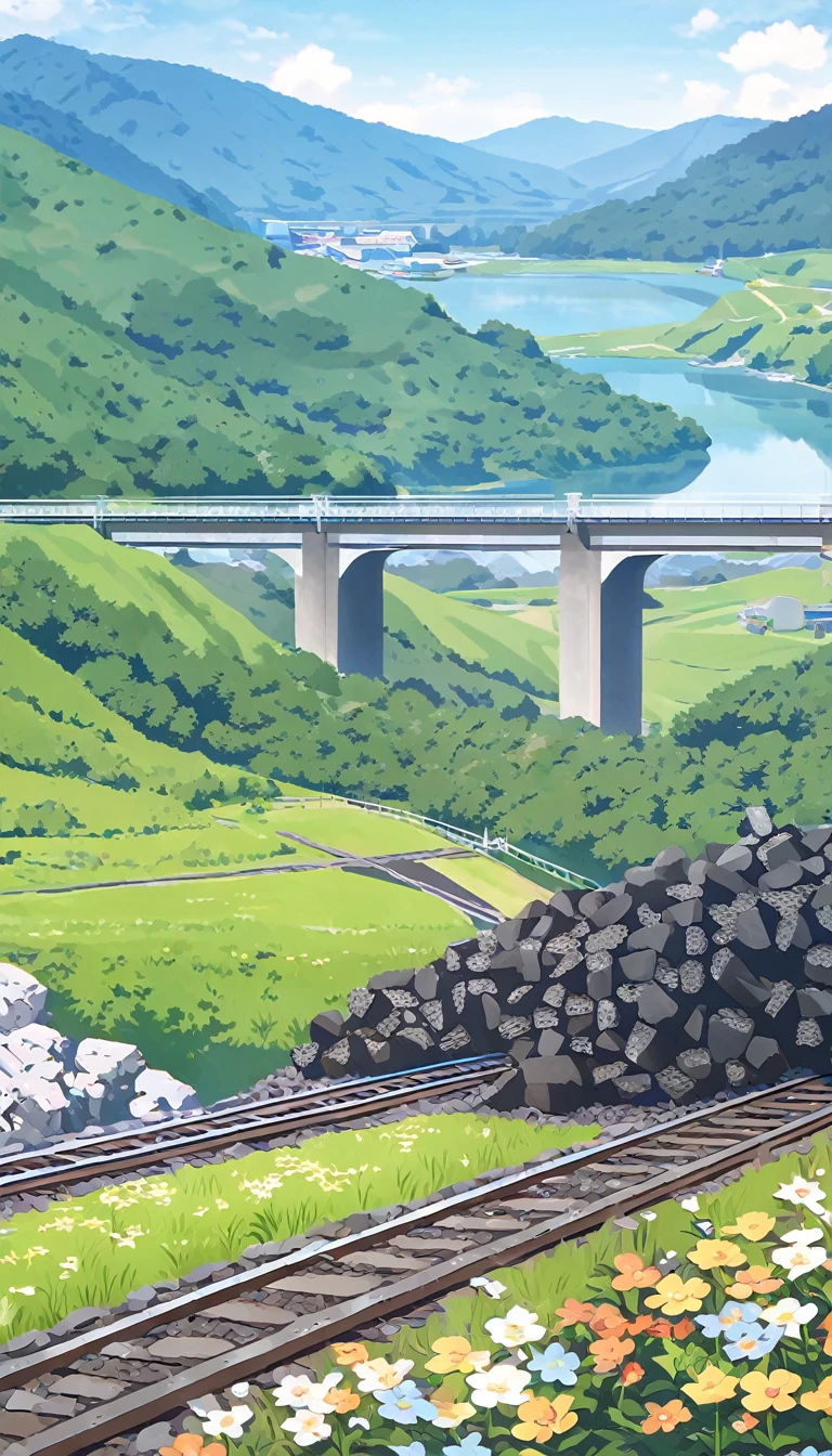 (A long high-speed train loaded with coal), railway tracks extending from mines, on bridges,Flower Field,hillside,Hiking, plateau, summer,nobody