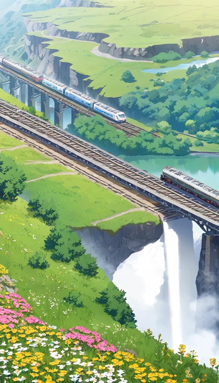 (A long high-speed train loaded with coal), railway tracks extending from mines, on bridges,Flower Field,hillside,Hiking, plateau, summer,nobody