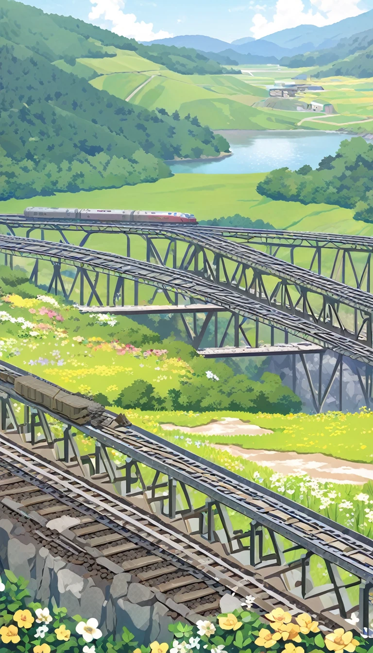 (A long high-speed train loaded with coal), railway tracks extending from mines, on bridges,Flower Field,hillside,Hiking, plateau, summer,nobody