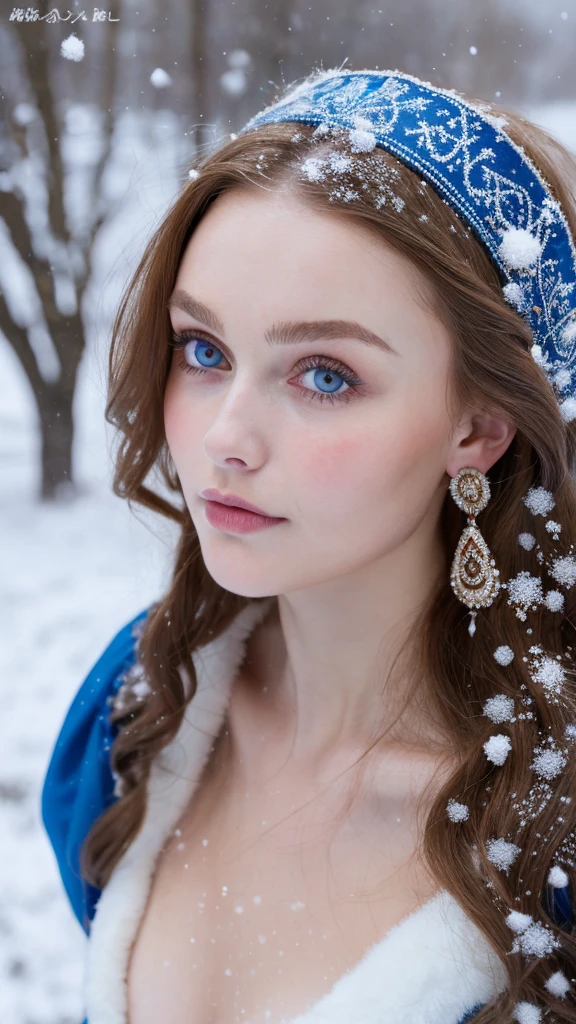 Beautiful girl - Lily Rose Depp, blue eyes, long curly white hair witg, detailed facial traits, beautiful earrings, national turkic female dress, naked breasts, yurta behind, it's snowing, sexy pose