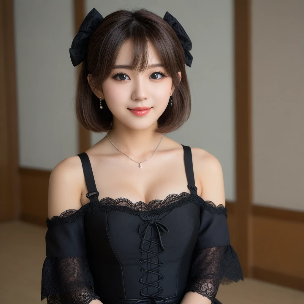 8K, Ultra-high resolution, Highest quality, masterpiece, 三分割法によるphotograph,Surreal, photograph, 1 girl, (16 years old:1.3), pretty girl, Cute face, Beautiful eyes in every detail, 細かくdetailedに,masterpiece,, One Girl:1.2, Japan Female Announcer,whole body,Young Wife,((Bondage and Gothic Lolita)),Pencil Skirt、Black Stockings,Black high heels、Full of cleanliness,A carefree smile,Healing the heart,short hair,Looking at the audience、beauty,Long neck、Laugh a little、Please close your mouth and laugh、(((Ideal body type))),A-cup small breasts :2,、Portraiture:2、Perfect Anatomy、鮮明なdetailed、detailed、Surreal、Light and shadow,Strong light