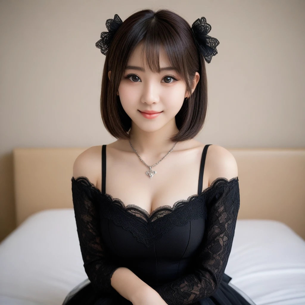 8K, Ultra-high resolution, Highest quality, masterpiece, 三分割法によるphotograph,Surreal, photograph, 1 girl, (:1.3), pretty girl, Cute face, Beautiful eyes in every detail, 細かくdetailedに,masterpiece,, One Girl:1.2, Japan Female Announcer,whole body,Young Wife,((Bondage and Gothic Lolita)),PenSkirt、Black Stockings,Black high heels、Full of cleanliness,A carefree smile,Healing the heart,short hair,Looking at the audience、beauty,Long neck、Laugh a little、Please close your mouth and laugh、(((Ideal body type))),A-cup small breasts :2,、Portraiture:2、Perfect Anatomy、鮮明なdetailed、detailed、Surreal、Light and shadow,Strong light