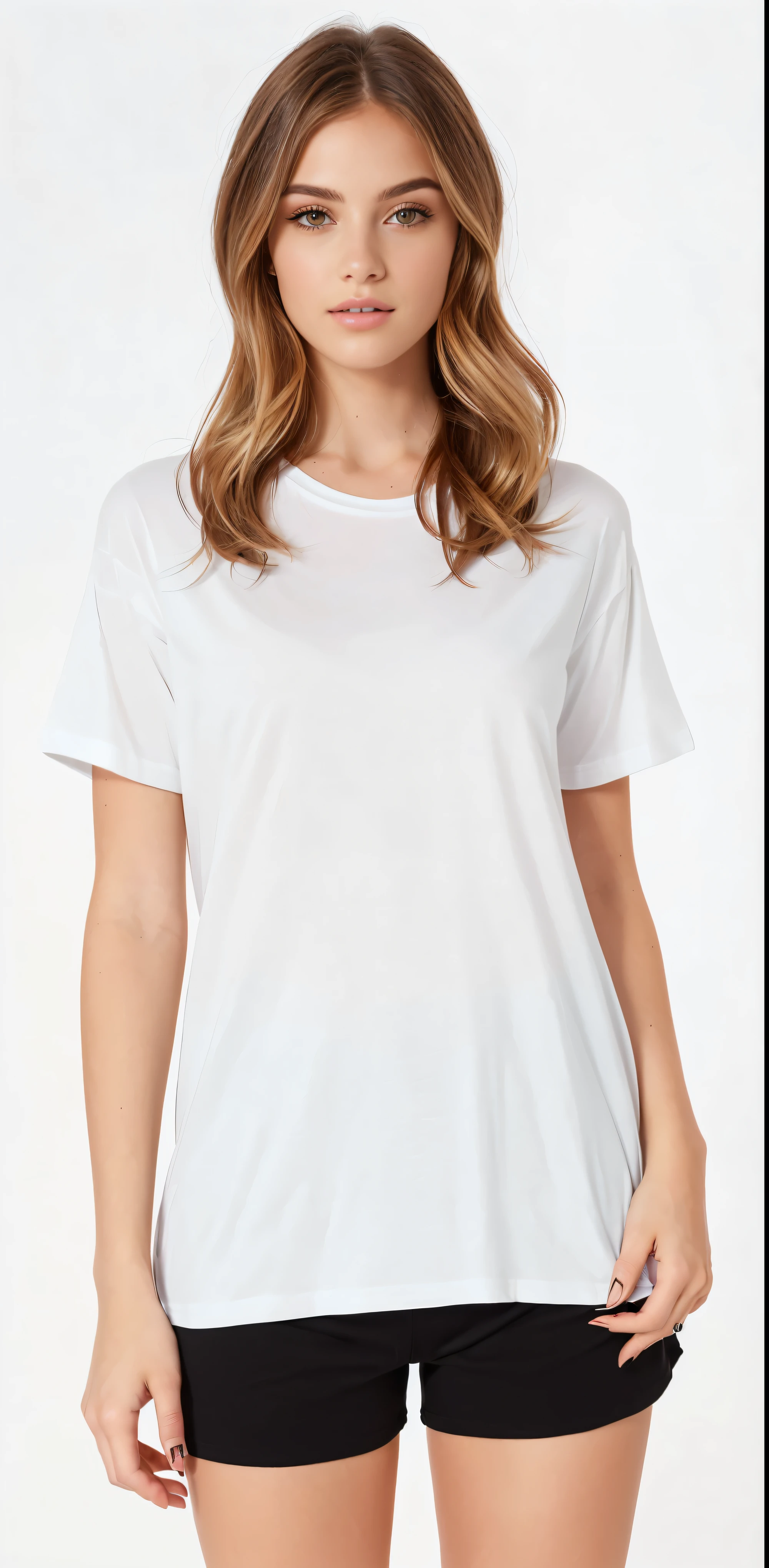 a woman in a camisa branca and black shorts posing for a picture, camiseta branca, plain camiseta branca, camiseta branca, camiseta branca, Topo branco, roupa branca casual, camisa branca, vestido com uma camiseta branca, dressed in a camiseta branca, white tunic, roupas brancas, graphic t-shirts, franja branca, wearing camisa branca