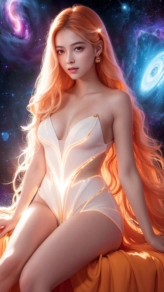 4K Ultra HD, masterpiece, A girl with a magical aura, Nice face, Long Hair, Shiny Hair, Fine grain, Glossy Lips, Wearing an orange dress, Aura around the body, Magical Effects, Spreading white and white light, Cosmic elements and ethereal atmosphere, Bright light and colorful nebula combination, Space Background, Sitting, Full Body Capture.