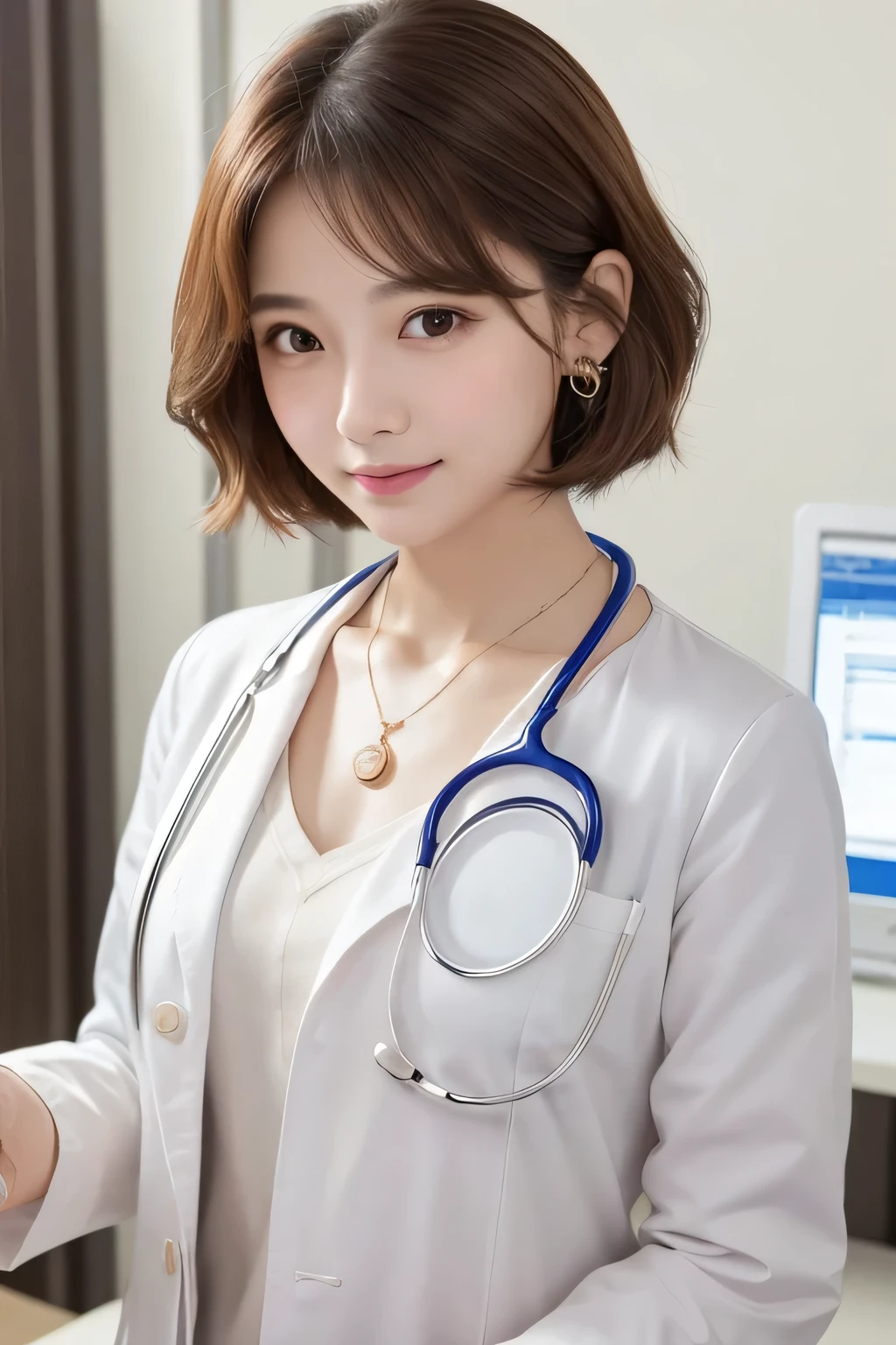 Beautiful young woman、 Korean women、Light brown hair、Necklace around the neck、White、Doctor's clothing、Stethoscope、Wavy Hair、short hair、Intricate details, Very detailed:1.2), 、 Looking into the camera,The background is the inspection room..、ear piercing