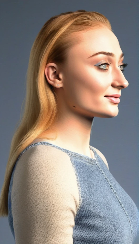 Sophie Turner, a woman in a sweater and blue jeans, its a sideprofile and she shows her ass, small and high ass, high quality, photorealistic, hyperrealistic