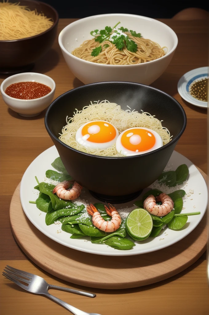 (masterpiece:1.2), (best quality), detailed, hyper HD, cinematic lighting, sharpness, (illustration:1.1), dining table，Large transparent salad bowl，Mulp shoots at the bottom，4 hot spring eggs are randomly laid on kelp buds，2 cut cooked potatoes，Cooked shrimp，Two pairs of chopsticks，Two small bowls of rice，Mix chili noodles and soy flour and sprinkle on a plate