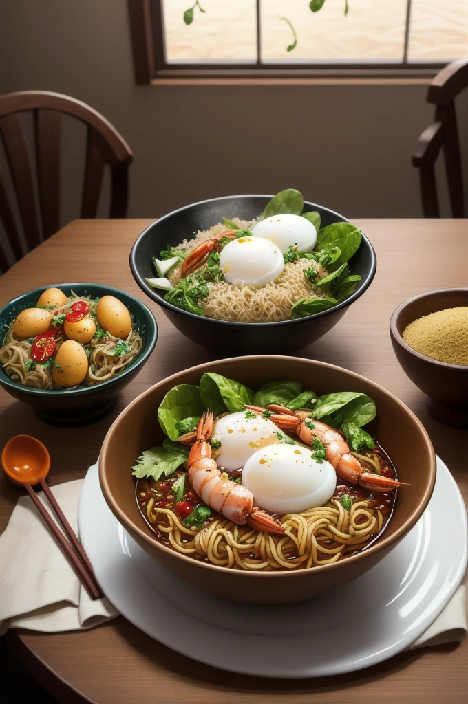 (masterpiece:1.2), (best quality), detailed, hyper HD, cinematic lighting, sharpness, (illustration:1.1), dining table,Large transparent salad bowl,Mulp shoots at the bottom,4 hot spring eggs are randomly laid on kelp buds,2 cut cooked potatoes,Cooked shrimp,Two pairs of chopsticks,Two small bowls of rice,Mix chili noodles and soy flour and sprinkle on a plate