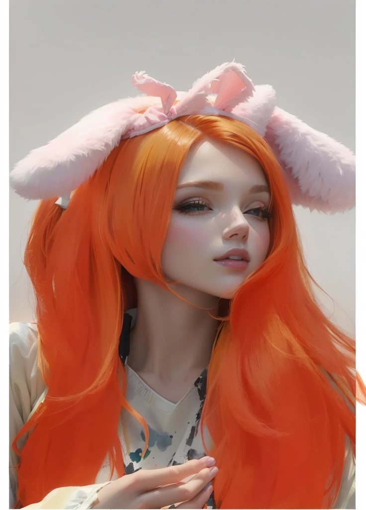 there is a woman with Orange hair and a pink bunny ears, painted in anime painter&#39;s studio, made with anime painter studio, anime realism style, bright orange hair, infrared hair, retrato de Jisoo from Blackpink, Orange hair, with long, floppy rabbit ears, she has long redOrange hair, long Orange hair, Jisoo from Blackpink, realistic anime art style