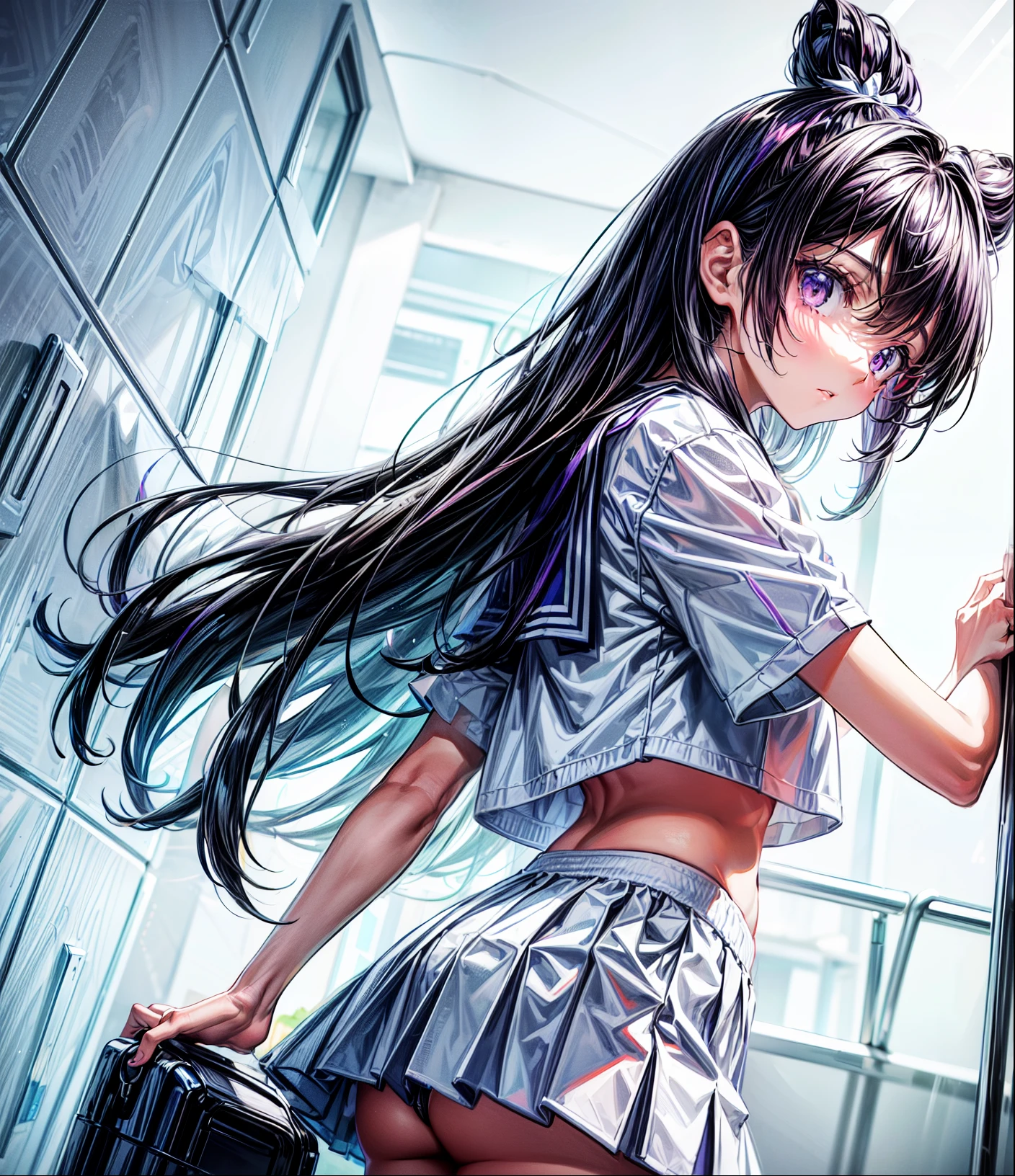 25-year-old ,Elementary school girl, bog Chest ,Black Hair ,Long Hair ,Purple Eyes, 1 person ,White T-shirt on upper body ,((Wearing a white sports bra)) ,navy blue mini skirt ,White panties ,White socks, sports boots, ((White pantiesが見える)) ,Are standing, Dynamic Angle ,Low - Angle