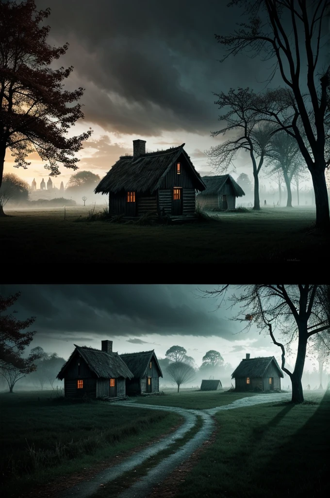 Depict a small village with dark, twisted trees, shadowy huts, and a haunting atmosphere.