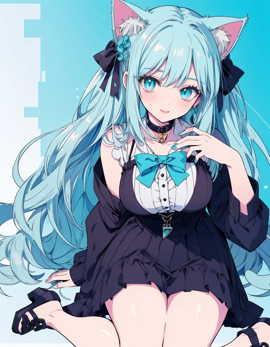 smile, wariza, casual, fullbody, ((masterpiece, best quality:1.5)), ((Beautiful detailed cat aqua eyes:1.2)), cat ears, pale skin, large breasts, beautiful hands, beautiful fingers, EasyNegative