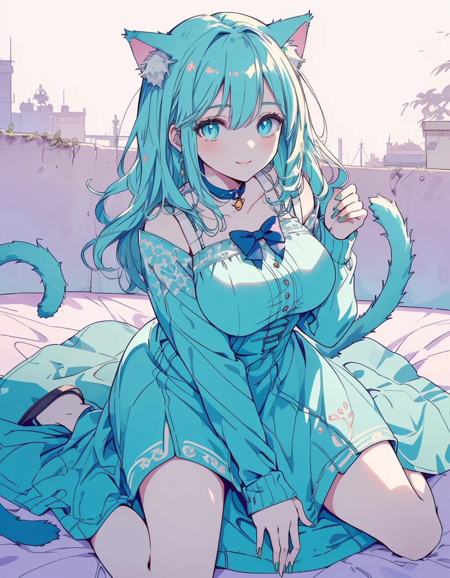 smile, wariza, casual, fullbody, ((masterpiece, best quality:1.5)), ((Beautiful detailed cat aqua eyes:1.2)), cat ears, pale skin, large breasts, beautiful hands, beautiful fingers, EasyNegative