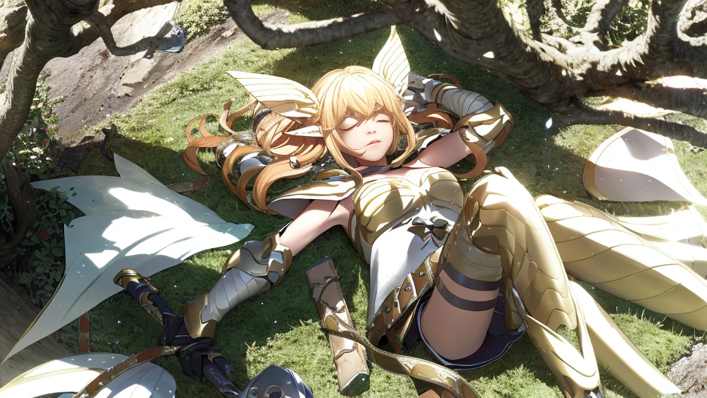  fantasy elfe girl sleep ,sous un arbre, high quality , armor , white air