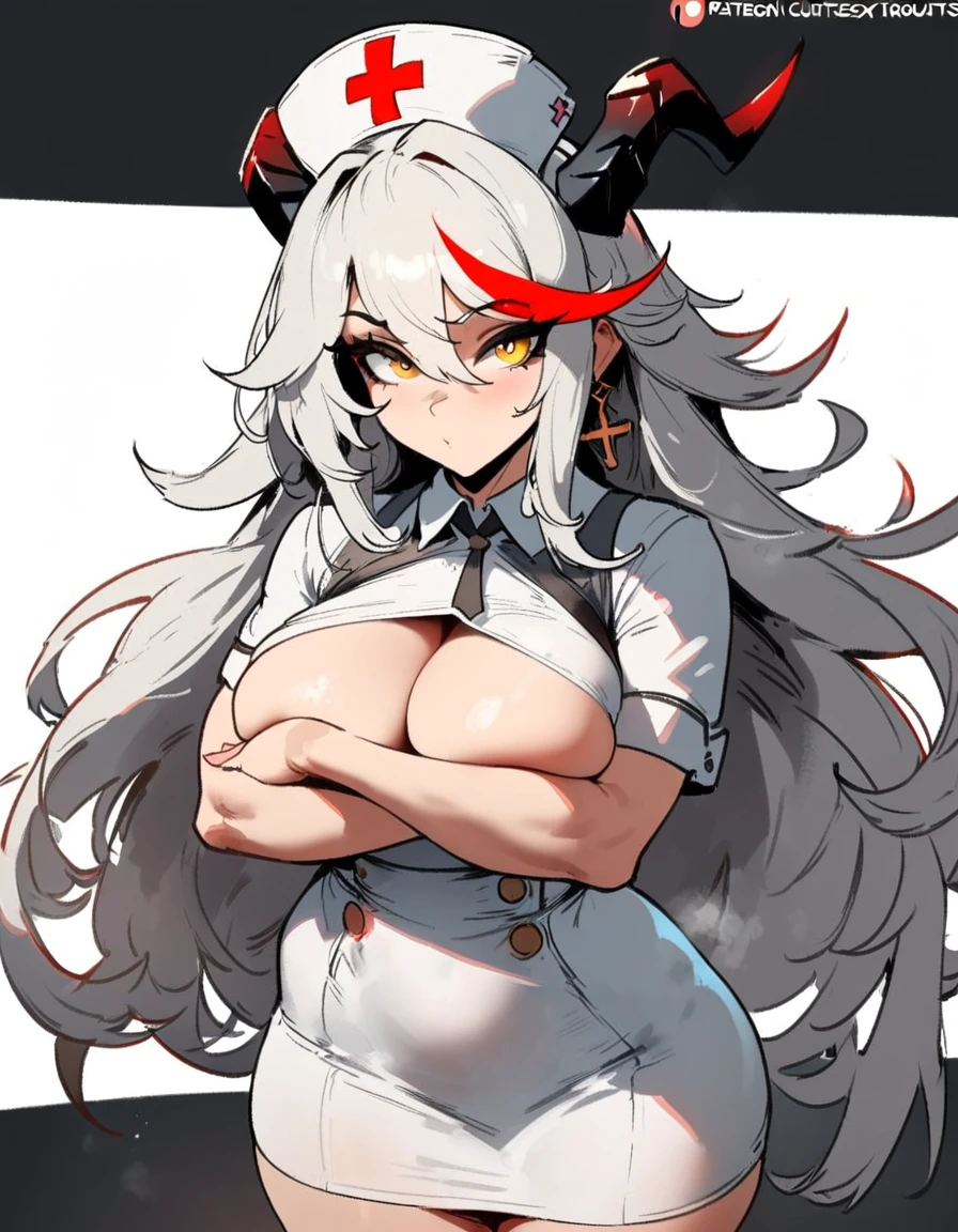 1girl, aegir \(azur lane\), azur lane \\\\\ masterpiece, best quality, very aesthetic, absurdres, newest \\\\\\ sportive body,  \\\\\\ by nyantcha,,by cutesexyrobutts,by khyle ///// white hair with a single prominent red streak, black horns, yellow eyes,  , white (nurse outfit:1.2), skirt, , white pencil skirt, nurse cap, , , a red cross on the cap, standing, (white background:1.2), hands crossed under breasts, rating general