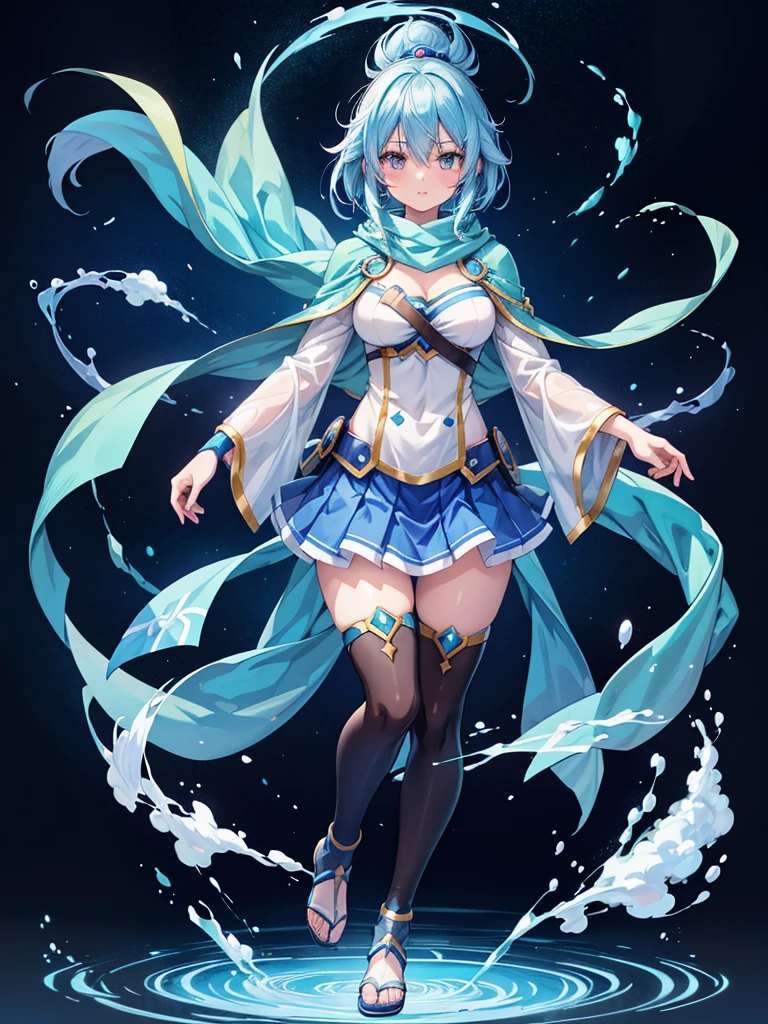 anime girl with blue hair and a blue cape and a blue scarf, black - haired mage, inspired by Leng Mei, aqua from konosuba, anime moe artstyle, anime girl named lucy, tsuaii, female action anime girl, full body xianxia, rei hiroe, [32k hd]^10, female anime character