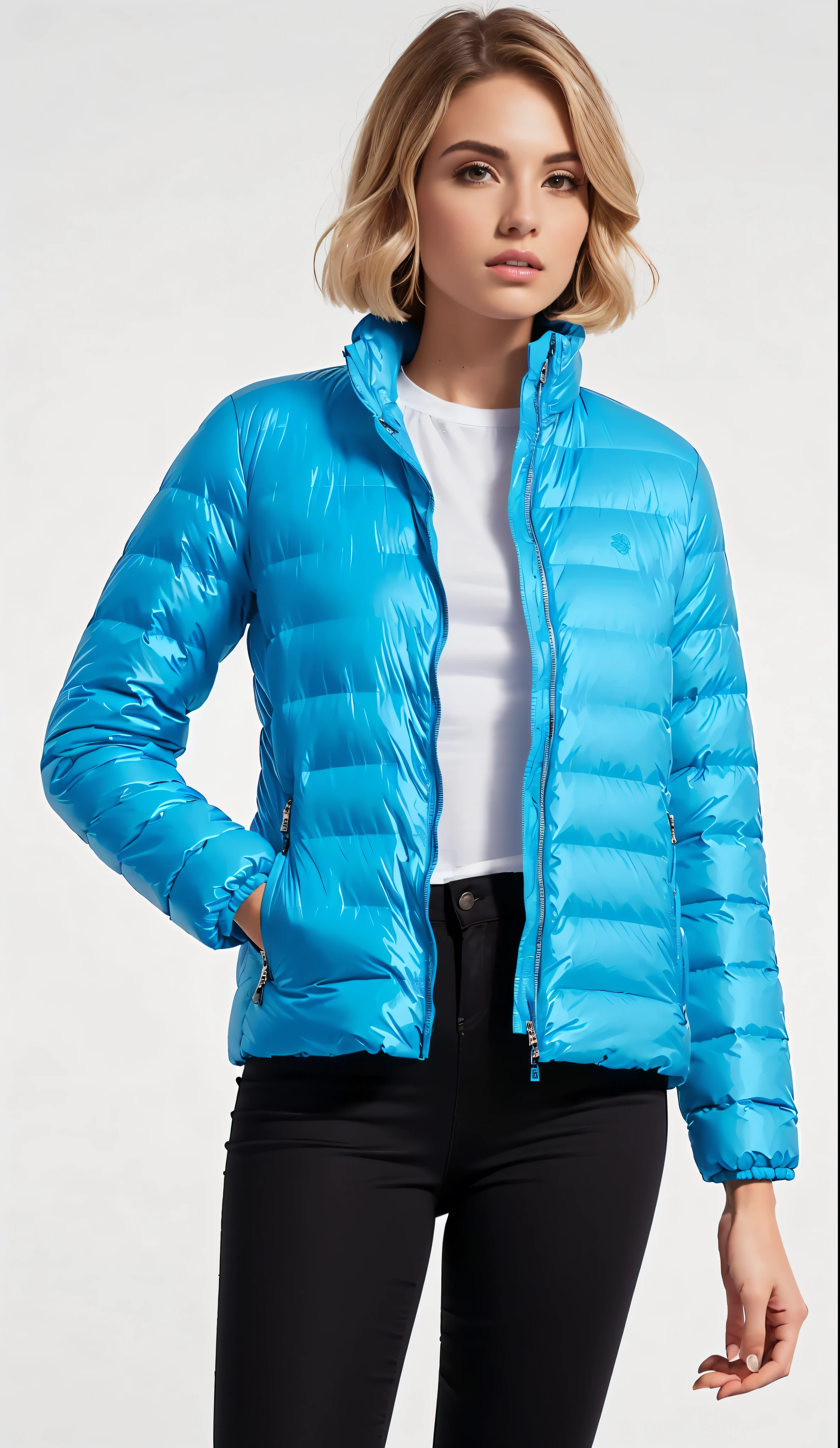 a woman wearing a blue jaqueta and black pants, model wears a puffer jaqueta, puffer jaqueta, blue jaqueta, wearing blue jaqueta, harmony blue jaqueta, parka azul, wearing a blue jaqueta, Casaco azul, azul claro, future inflatable jaqueta, azul claro, short jaqueta, transparent puffer jaqueta, ciano, reflective puffer jaqueta, jaqueta