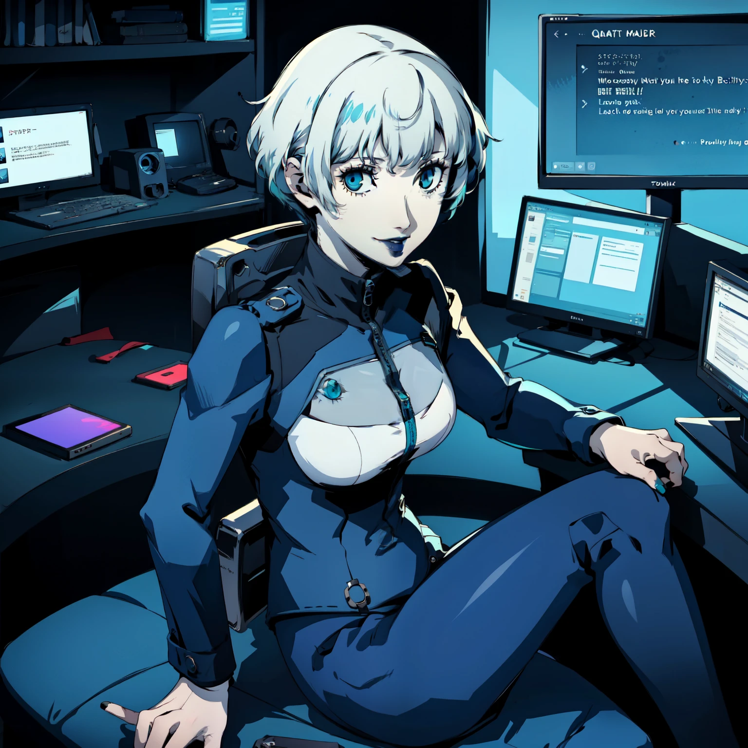 masterpiece, ((best quality)),((1 girl)), blue eyes, black lipstick, aqua hair, female , tomboy Pixie haircut, deep blue suit, white hair, white hair,smiling,hacker,in the,dark room,sitting,looking monitor,sexy
