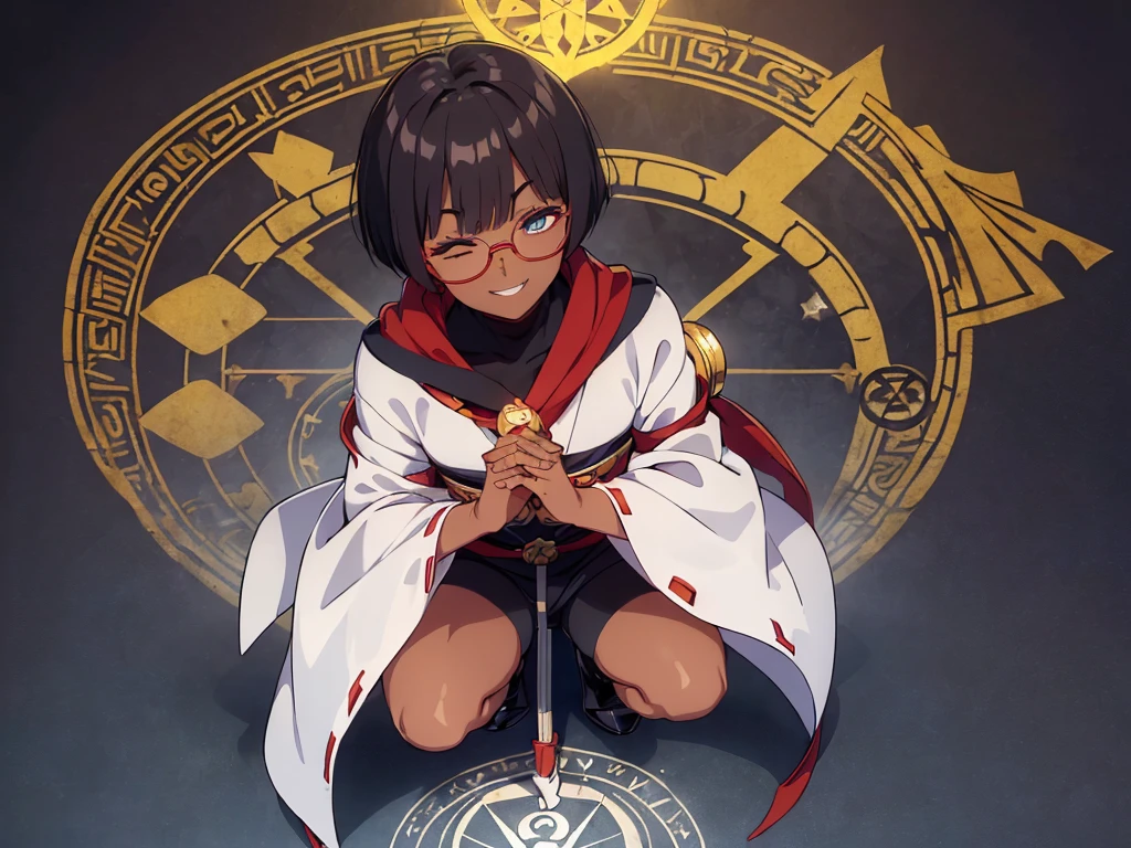(flat chest:), (masterpiece:1.2), highest quality, High resolution, unity 8k wallpaper, (fine and beautiful eyes:1.6), highly detailed face, perfect lighting, Detailed CG, (perfect hands, perfect anatomy), (1 boy solo:1.4), 20 years old, black hair, extremely beautiful detailfeminine face and eyes, (evil smile:1.4), detailed eyes, best quality,( dark skin:1.8), (turtleneck shirt under yukata:1.2), (bike shorts:1.2), extremely detailed, very precise detailed, (glasses:1.3), blunt bangs, open mouth, (very short pixie cut:1.2), boots,fingerless gloves, smile, (half closed eyes:1.5) ,(squat in magic circle on ground:1.1) ,night sky,long sidelocks,(long red Scarf),(yukata),(squatting),(acrobat pose:1.3),(squat:1.3),leaning forward,(one knee dwon:1.5),(Put one foot in front:1.3),(stylish pose:1.4),(Raise only index finger:1.1),(spread arms:1.2), (1990s \(style\)),(in magic circle on ground only:1.3),(from above:1.2),(open magic scroll by both hands:1.9)