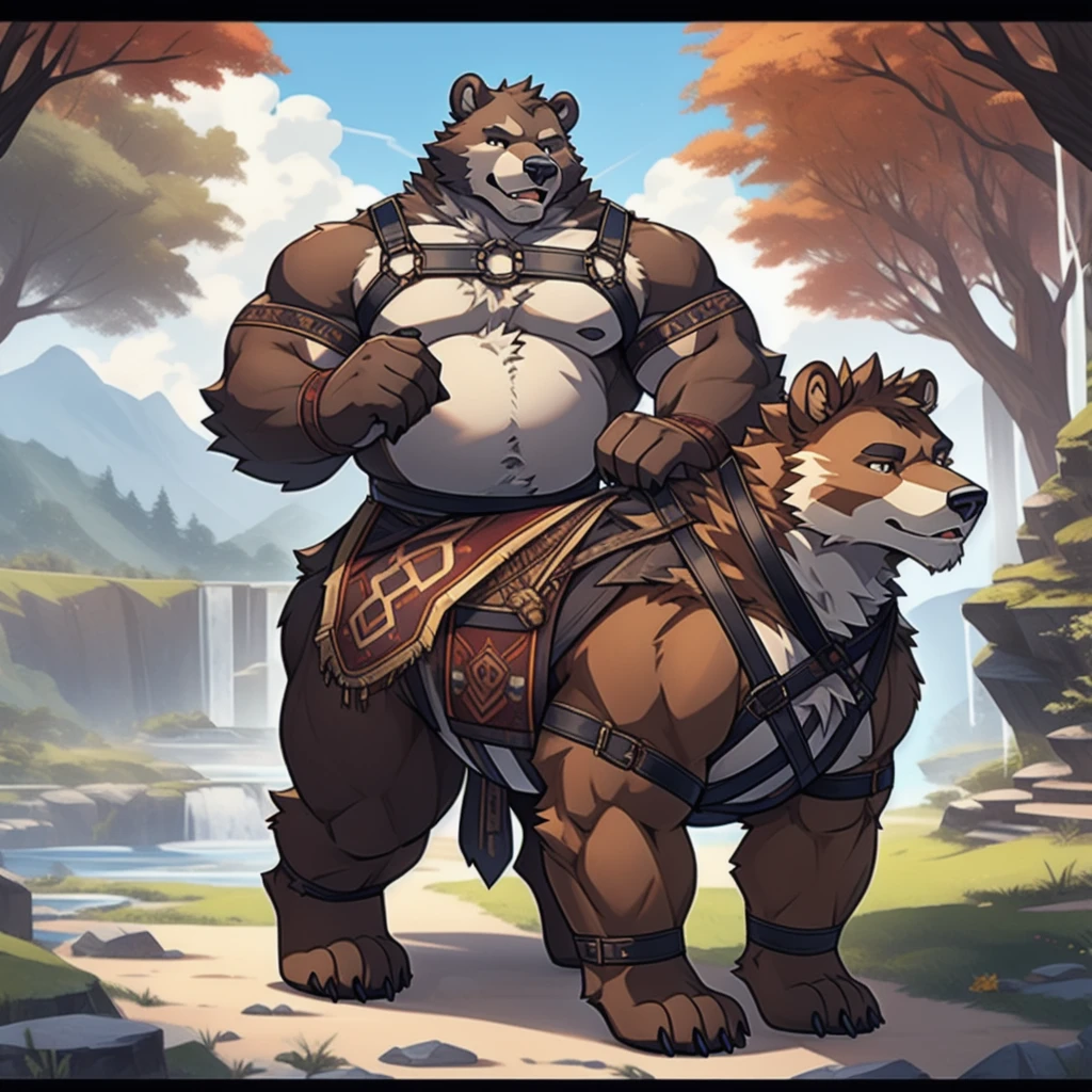warrior, brown bear, furry, fur taur, beartaur, detailed face, bear ears, bear nose(black), detailed hands, detailed body belly, muscle belly, chest harness, detailed taur body, bear paws, warrior outfit, nude,