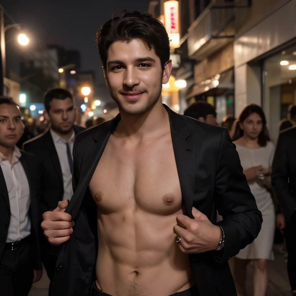 ((best quality)), ((masterpiece)), (detailed) Hritik Roshan open his Shirt off in front of crowded Gentle Men. He is just walking through them on a Street at night. He just wears a black suit without shirt underneath. He gets attention. He smile