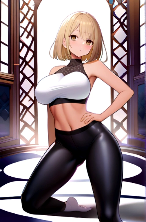 blonde hair brown eyes tight yoga pants yoga position wearing hips visible in the middle with big breasts removed standing