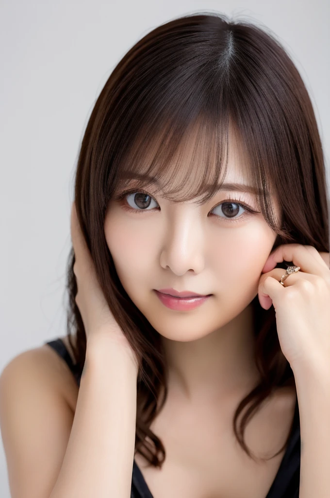1girl, solo, masterpiece, looking at viewer, simple background, white background, ,cowboy shot, black dress, happy,makeup, maiyan,