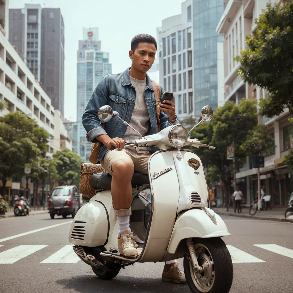 outdoor photo, an Indonesian man riding a Vespa scooter, wearing casual relaxed clothes, a realistic background of empty city streets, best photography results, UHD, 32K 