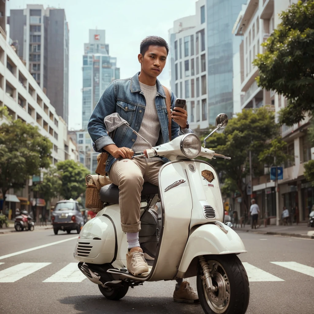 outdoor photo, an Indonesian man riding a Vespa scooter, wearing casual relaxed clothes, a realistic background of empty city streets, best photography results, UHD, 32K