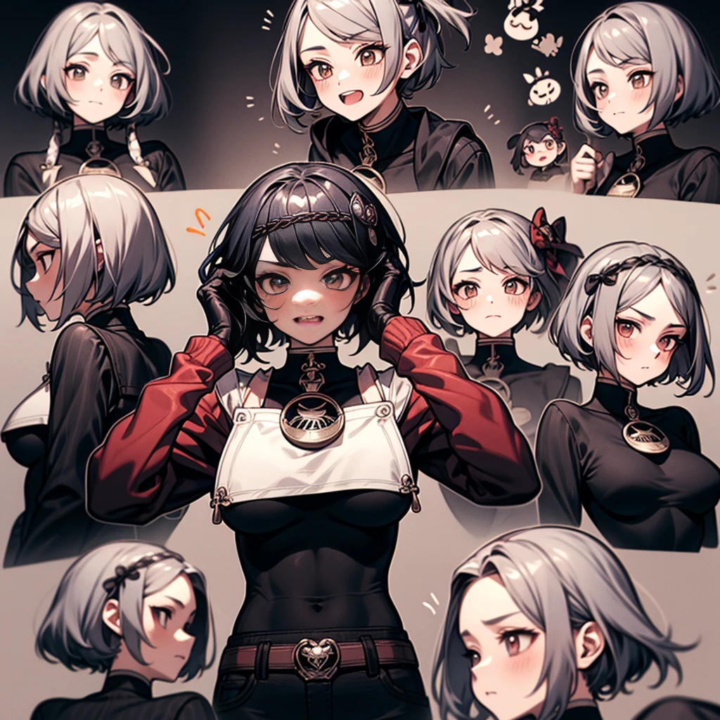 Cute big breasts，Little Red Devils，He Maverick...，Black punk leather jacket，Chain Lock，emoji pack，9 emojis，emoji sheet.，Align arrangement，A variety of gestures and expressions（Grieving，astonishment，having fun，Exhilarating，big laughter，Touch your head，Sell moe, wait），Anthropomorphic style，disney style，Black strokes，Different emotions，A variety of gestures and expressions，10