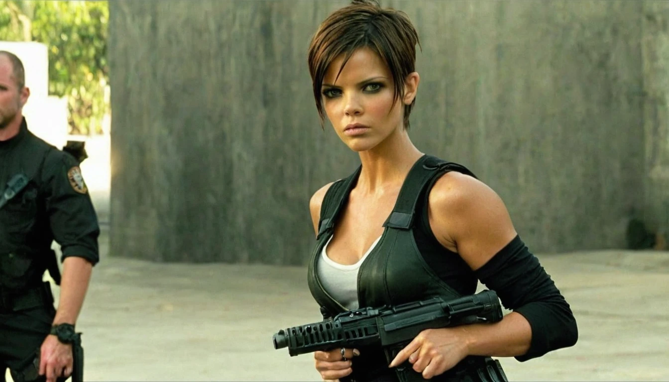 Resident evil girl latina skin, very short shaved pixie hair, with holster, black clothes, tactical holster, and holding a gunner, angry , [Victoria Beckham],[[KateBeckinsale]],[[[Jenna Coleman]]],[[[Tricia Helfer]]], green eyes, bustyrty,
