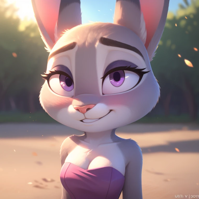 Judy Hopps, strapless tight dress, cleavage, halo, sunglasses, jewelry, purple eyes, longeyelashes, purple eyes, smile, shy, blush, high detail, masterpiece, UHD, anatomically correct, super detail, highres, 4K