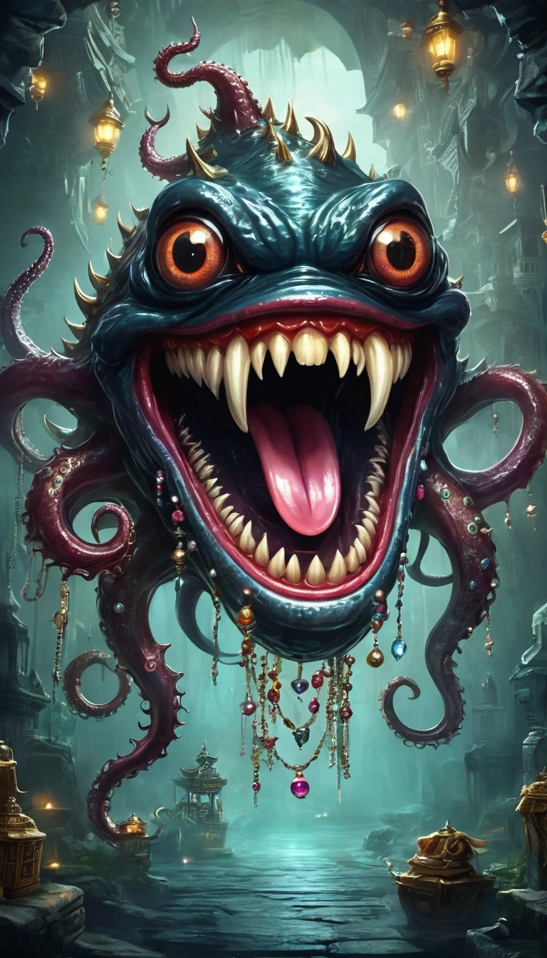 (masterpiece, best quality:1.2), dark,Fear,imitate,Suspension,Box Monster Full of Jewels - One Eye - Sharp Teeth - Ugly - Long Tongue,Long tentacles,Scattered jewelry,Greedy should be open, Reveals a big, Weird tongue and nasty teeth.