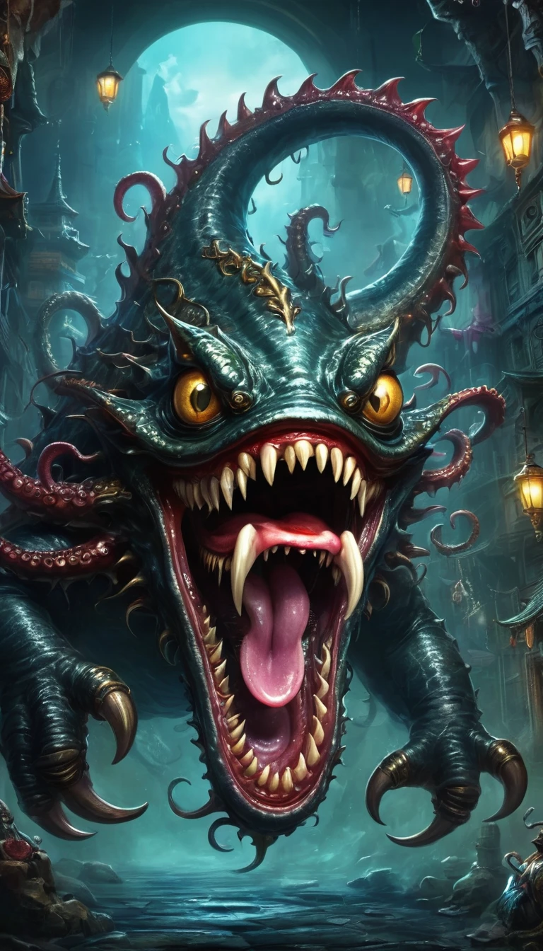 (masterpiece, best quality:1.2), dark,Fear,imitate,Suspension,Box Monster Full of Jewels - One Eye - Sharp Teeth - Ugly - Long Tongue,Long tentacles,Scattered jewelry,Greedy should be open, Reveals a big, Weird tongue and nasty teeth.