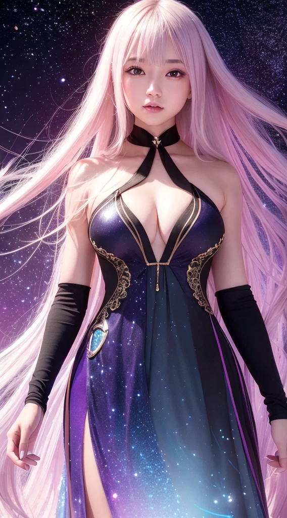 background: The mysterious quantum environment, Cosmic elements and ethereal atmosphere,A mix of bright lights and colorful nebulae. theme: A mysterious girl with a magical aura. She has been a long time, Colorful wave curls, Shiny hair stands out. His eyes are deep and expressive, Reflective Universe. She wore a flowing black and white dress., Exquisite details and mysterious textures. Color Palette: A mysterious combination of colors, like cosmic purple, Sky blue, Soft pink and gold touches. Create contrast, Increase depth, Dark, Deep purple and night blue. aesthetics: aestheticsはミスティコアの要素を組み合わせた, Known for its mysterious and fantastical atmosphere, Crystalcore, Crystal clear and sparkling details. The girl exudes magical energy.,Her presence hovers over her,Fascinating. Covered in: Places subtle light effects and glitter overlays around the girl, Covered in: Adds a soft glow effect around the girl and the crystals, It's like magic is emanating. Also, Add flash details to enhance the ethereal atmosphere, Full Body Capture.