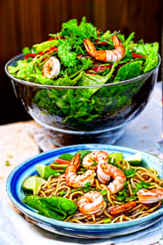 (masterpiece:1.2), (best quality), detailed, hyper HD, cinematic lighting, sharpness, (illustration:1.1), dining table,Large transparent salad bowl,Mulp shoots at the bottom,4 hot spring eggs are randomly laid on kelp buds,2 cut cooked potatoes,Cooked shrimp,Two pairs of chopsticks,Two small bowls of rice,Mix chili noodles and soy flour and sprinkle on a plate