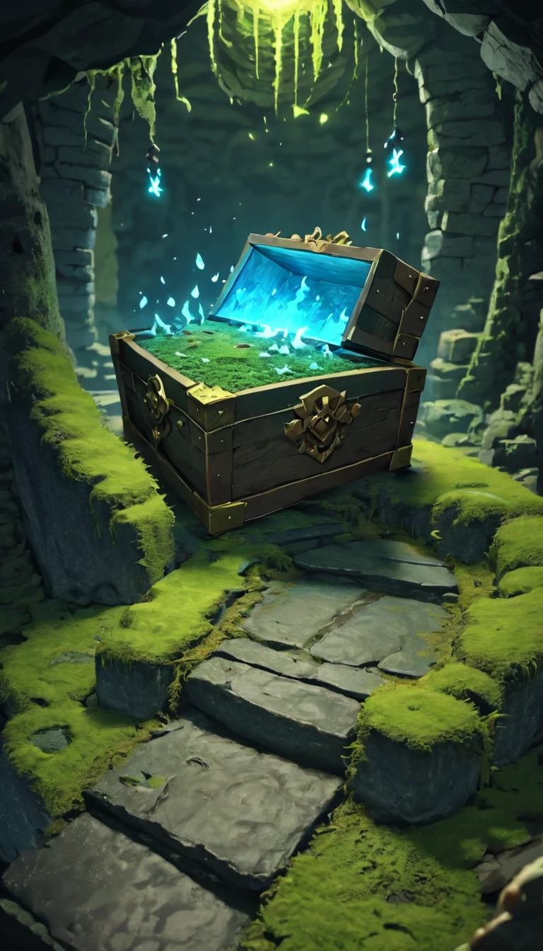Highest quality、masterpiece、Highly detailed CG unit wallpaper、High resolution、RAW Photos、Very detailed、BREAK、dungeon of darkness、light moss、Blue glowing moss、The only light source is luminescent moss、Stone Dungeon、Wide promenade、BREAK、Treasure chest at the dead end、The treasure chest is a Mimic、Glowing Mimic、Mimic holding up a welcomeboard、