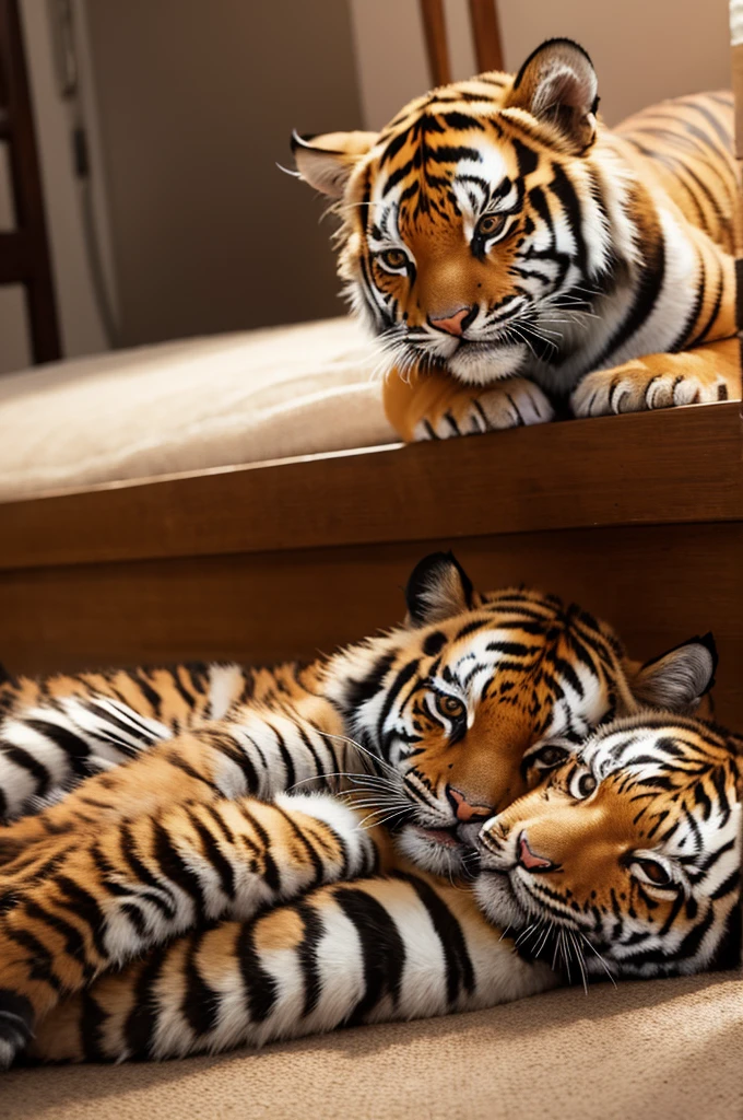 A kitten and a tiger cub sleeping together、4K,3DCG