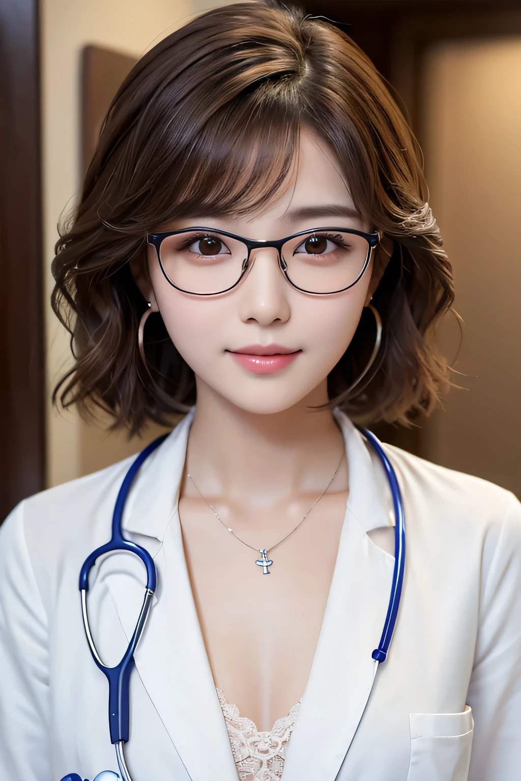 Beautiful young woman、 Korean women、Light brown hair、Necklace around the neck、White、Doctor's clothing、Narrow-rimmed glasses、Stethoscope、Wavy Hair、short hair、Intricate details, Very detailed:1.2), 、 Looking into the camera,The background is the inspection room..、ear piercing
