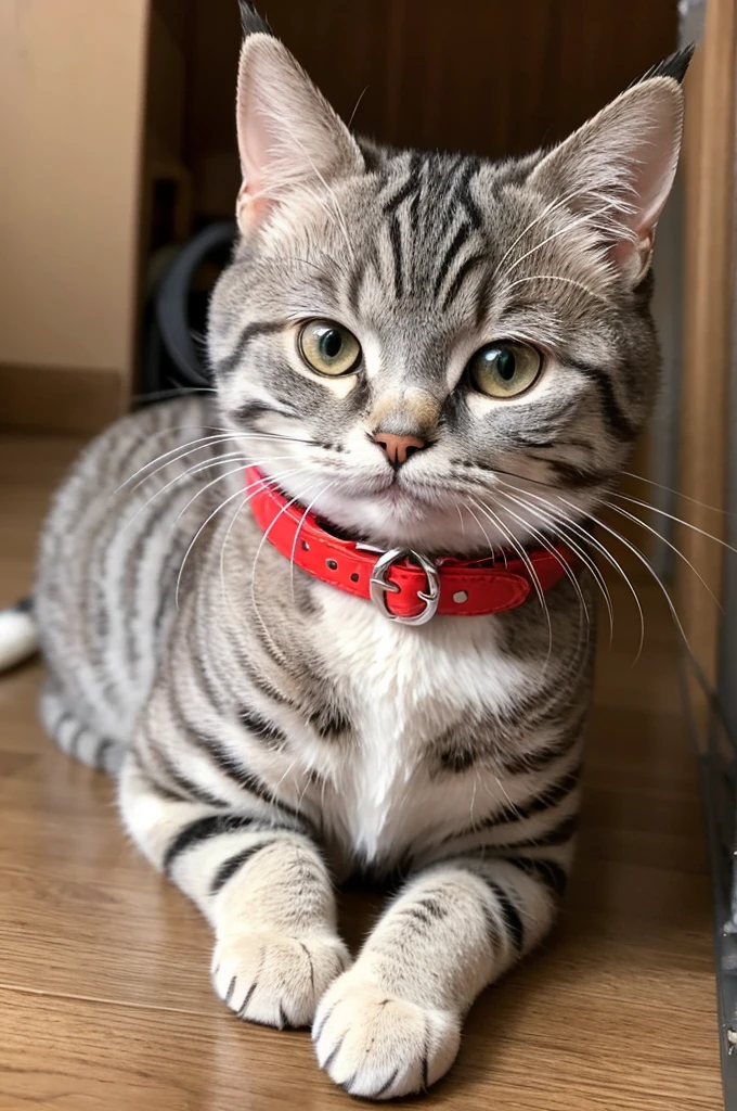 cute　American Shorthair　Silver Tabby　 cats　Red collar